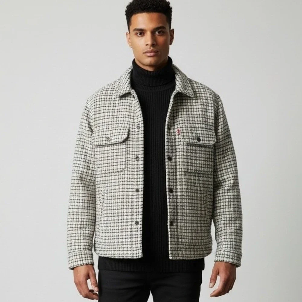 Levis Men's Tweed Black White Grid Trucker Jacket Size M